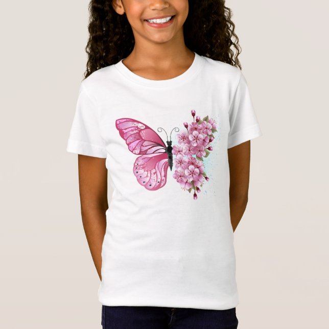 Flower Butterfly with Pink Sakura T-Shirt (Front)