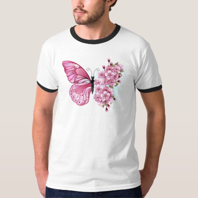 Flower Butterfly with Pink Sakura T-Shirt (Front)