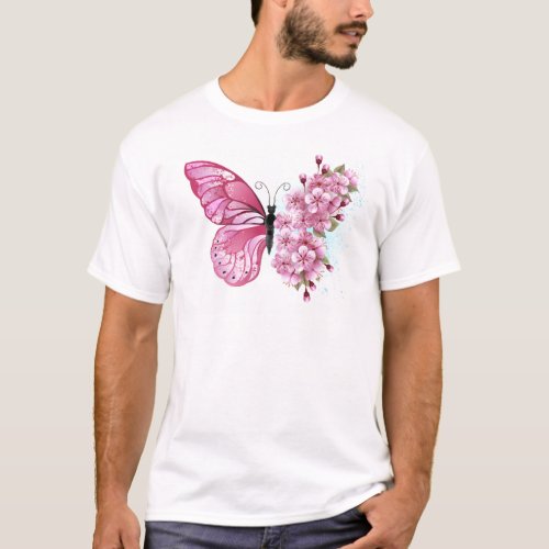 Flower Butterfly with Pink Sakura T_Shirt