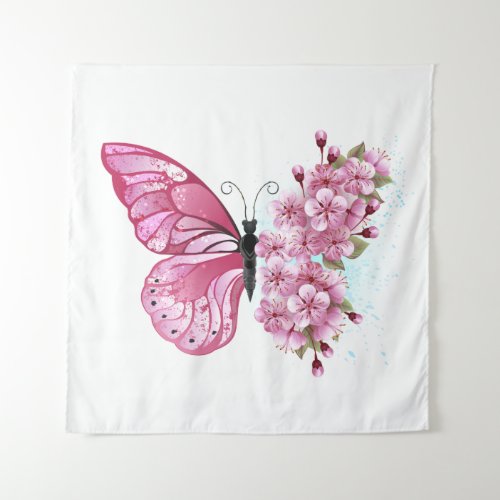 Flower Butterfly with Pink Sakura Tapestry