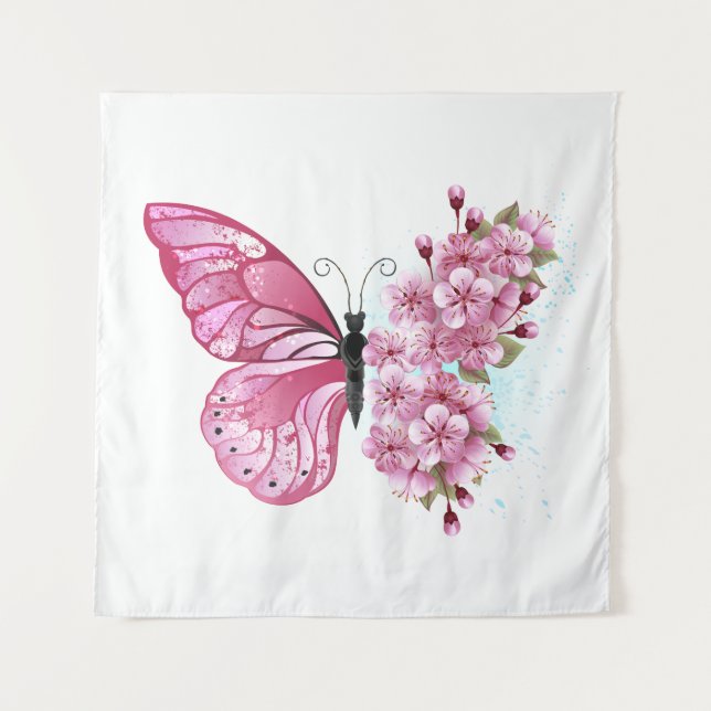 Flower Butterfly with Pink Sakura Tapestry (Front)