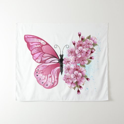 Flower Butterfly with Pink Sakura Tapestry