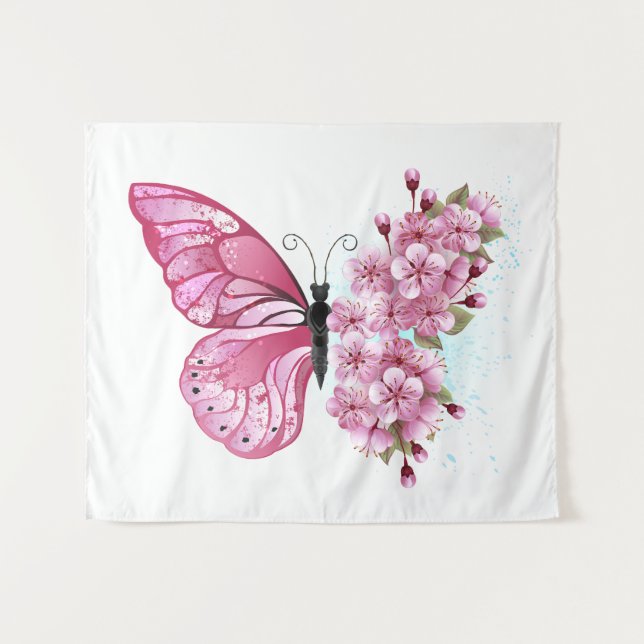 Flower Butterfly with Pink Sakura Tapestry (Front (Horizontal))