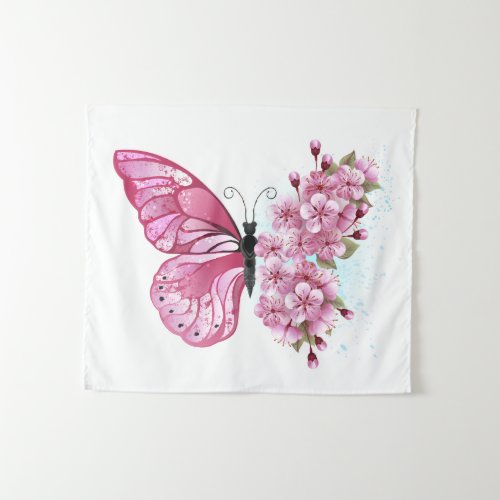 Flower Butterfly with Pink Sakura Tapestry