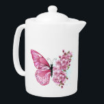 Flower Butterfly with Pink Sakura Teapot<br><div class="desc">Flower arrangement of pink butterfly with pink Japanese cherry blossoms on white background.</div>