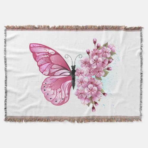 Flower Butterfly with Pink Sakura Throw Blanket