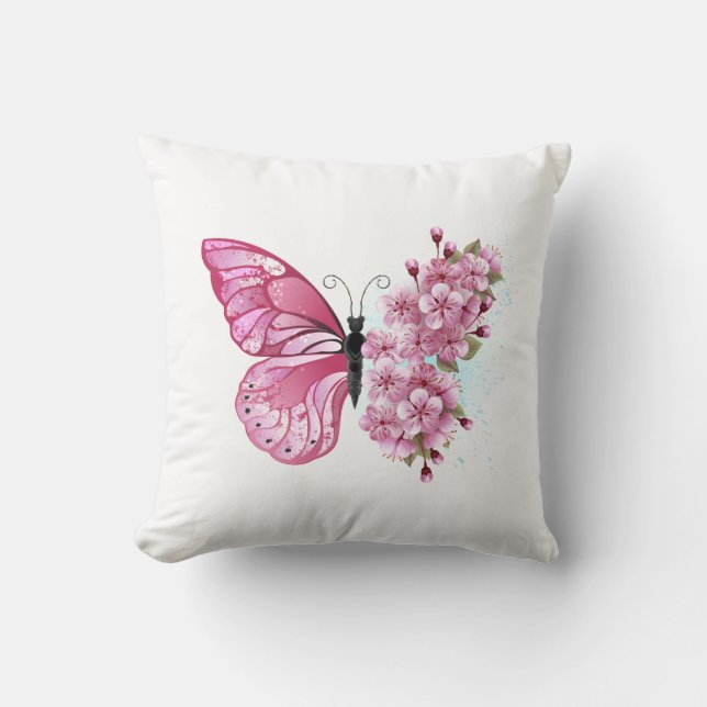 Flower Butterfly with Pink Sakura Throw Pillow (Front)