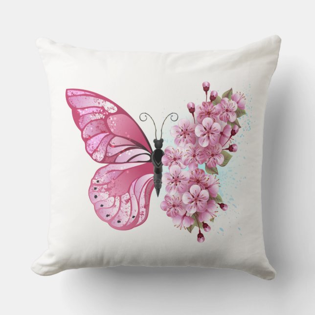 Flower Butterfly with Pink Sakura Throw Pillow (Front)