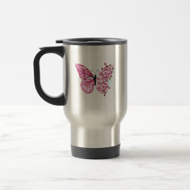 Flower Butterfly with Pink Sakura Travel Mug (Left)