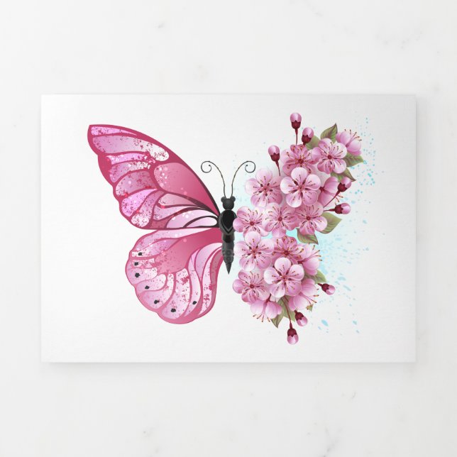 Flower Butterfly with Pink Sakura Tri-Fold Holiday Card (Cover)