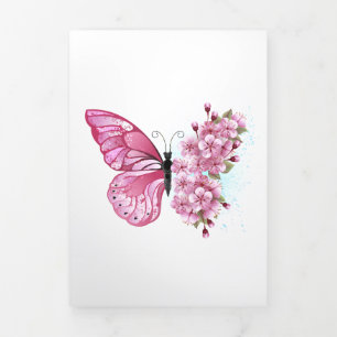 Flower Butterfly with Pink Sakura Tri-Fold Invitation