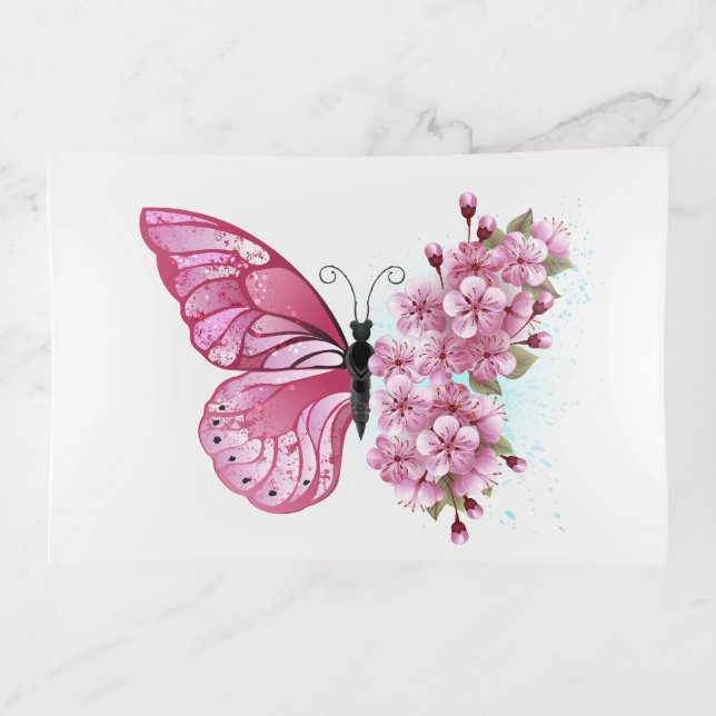Flower Butterfly with Pink Sakura Trinket Tray (Front)