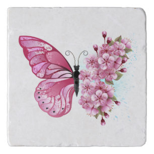 Flower Butterfly with Pink Sakura Trivet