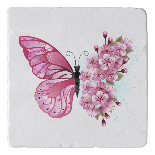 Flower Butterfly with Pink Sakura Trivet (Front)