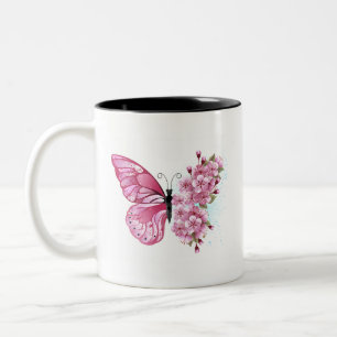 Flower Butterfly with Pink Sakura Two-Tone Coffee Mug