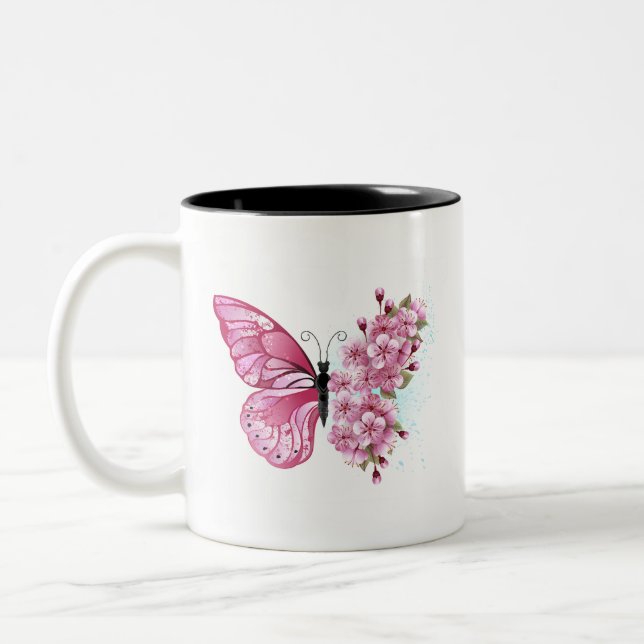 Flower Butterfly with Pink Sakura Two-Tone Coffee Mug (Left)