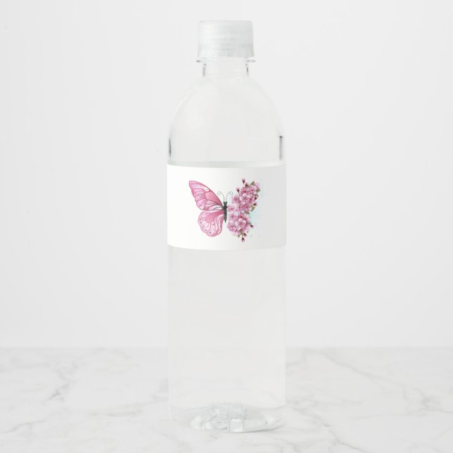 Flower Butterfly with Pink Sakura Water Bottle Label (Front)