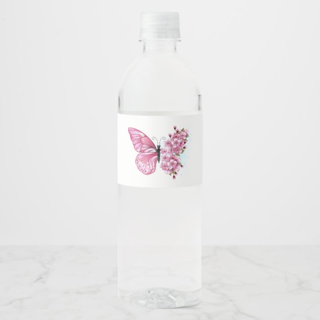 Flower Butterfly with Pink Sakura Water Bottle Label (Front)