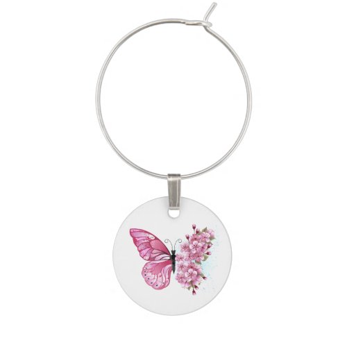 Flower Butterfly with Pink Sakura Wine Charm
