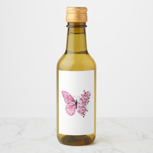 Flower Butterfly with Pink Sakura Wine Label
