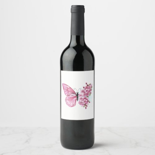 Flower Butterfly with Pink Sakura Wine Label