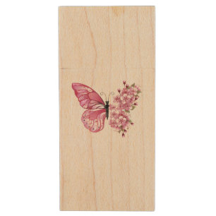 Flower Butterfly with Pink Sakura Wood Flash Drive