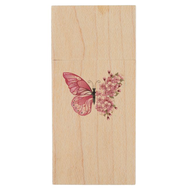 Flower Butterfly with Pink Sakura Wood Flash Drive (Front Vertical)