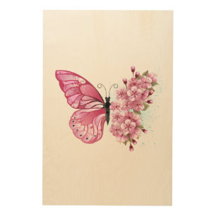 Flower Butterfly with Pink Sakura Wood Wall Art