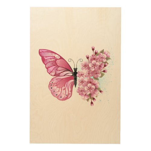 Flower Butterfly with Pink Sakura Wood Wall Art