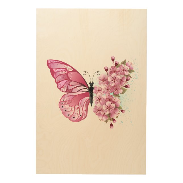 Flower Butterfly with Pink Sakura Wood Wall Art (Front)