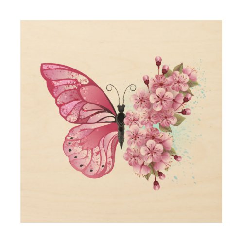 Flower Butterfly with Pink Sakura Wood Wall Art