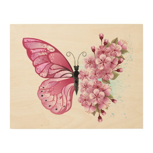 Flower Butterfly with Pink Sakura Wood Wall Art