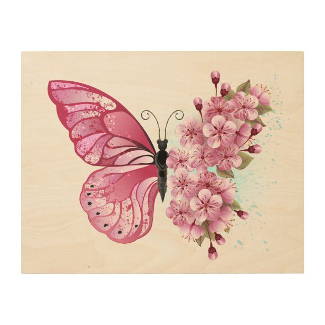 Flower Butterfly with Pink Sakura Wood Wall Art (Front)