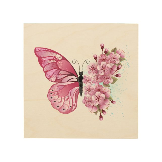 Flower Butterfly with Pink Sakura Wood Wall Art (Front)