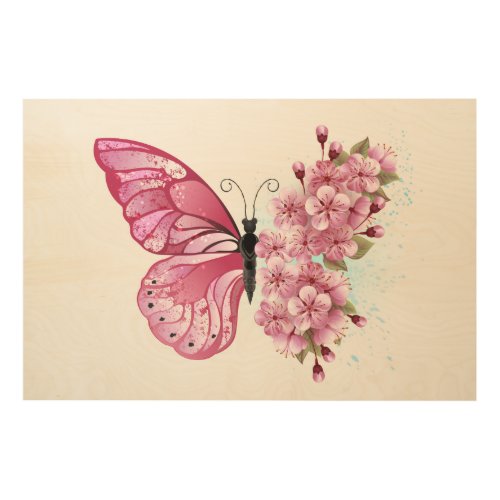 Flower Butterfly with Pink Sakura Wood Wall Art