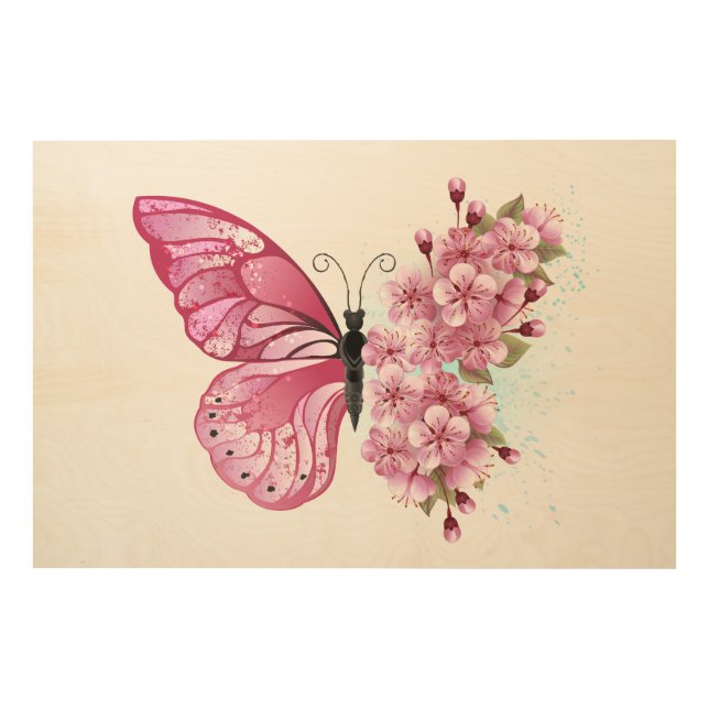 Flower Butterfly with Pink Sakura Wood Wall Art (Front)