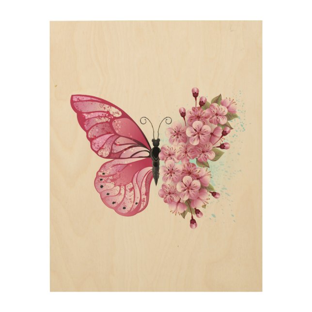 Flower Butterfly with Pink Sakura Wood Wall Art (Front)