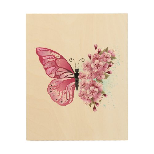 Flower Butterfly with Pink Sakura Wood Wall Art