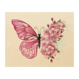 Flower Butterfly with Pink Sakura Wood Wall Art