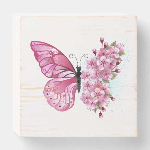 Flower Butterfly with Pink Sakura Wooden Box Sign