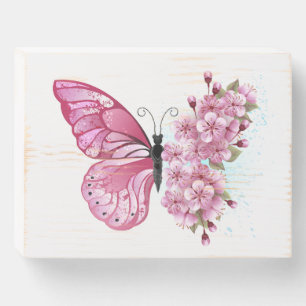 Flower Butterfly with Pink Sakura Wooden Box Sign