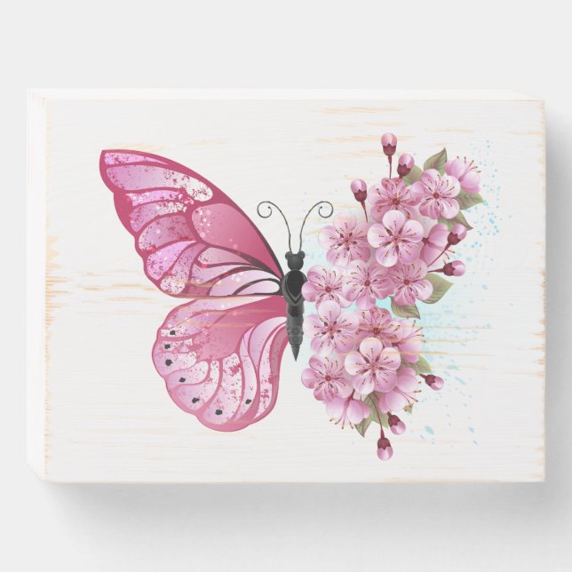 Flower Butterfly with Pink Sakura Wooden Box Sign (Front Horizontal)