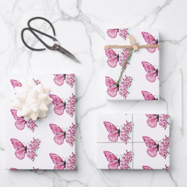 Flower Butterfly with Pink Sakura Wrapping Paper Sheets (Front)