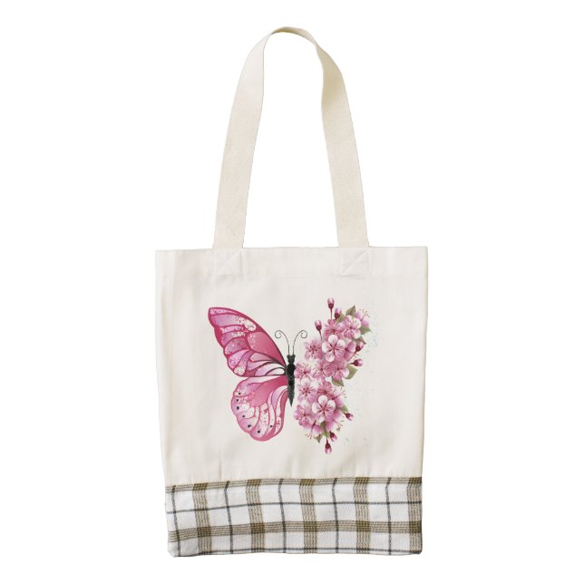 Flower Butterfly with Pink Sakura Zazzle HEART Tote Bag (Front)