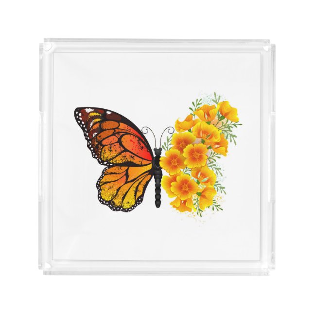 Flower Butterfly with Yellow California Poppy Acrylic Tray (Front)
