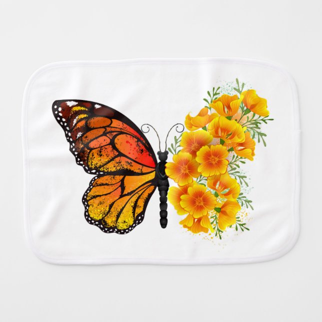 Flower Butterfly with Yellow California Poppy Baby Burp Cloth (Front Horizontal)