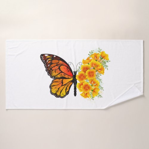 Flower Butterfly with Yellow California Poppy Bath Towel