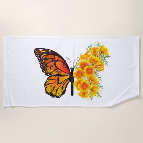 Flower Butterfly with Yellow California Poppy Beach Towel