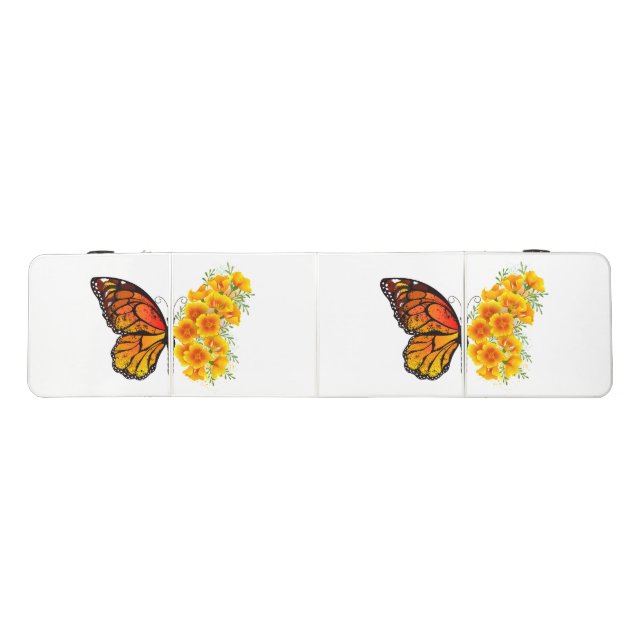 Flower Butterfly with Yellow California Poppy Beer Pong Table (Top)