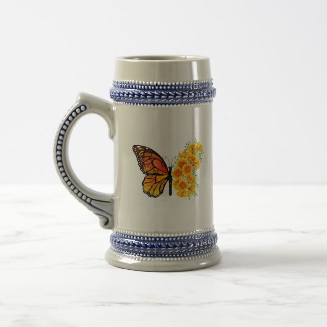 Flower Butterfly with Yellow California Poppy Beer Stein (Left)